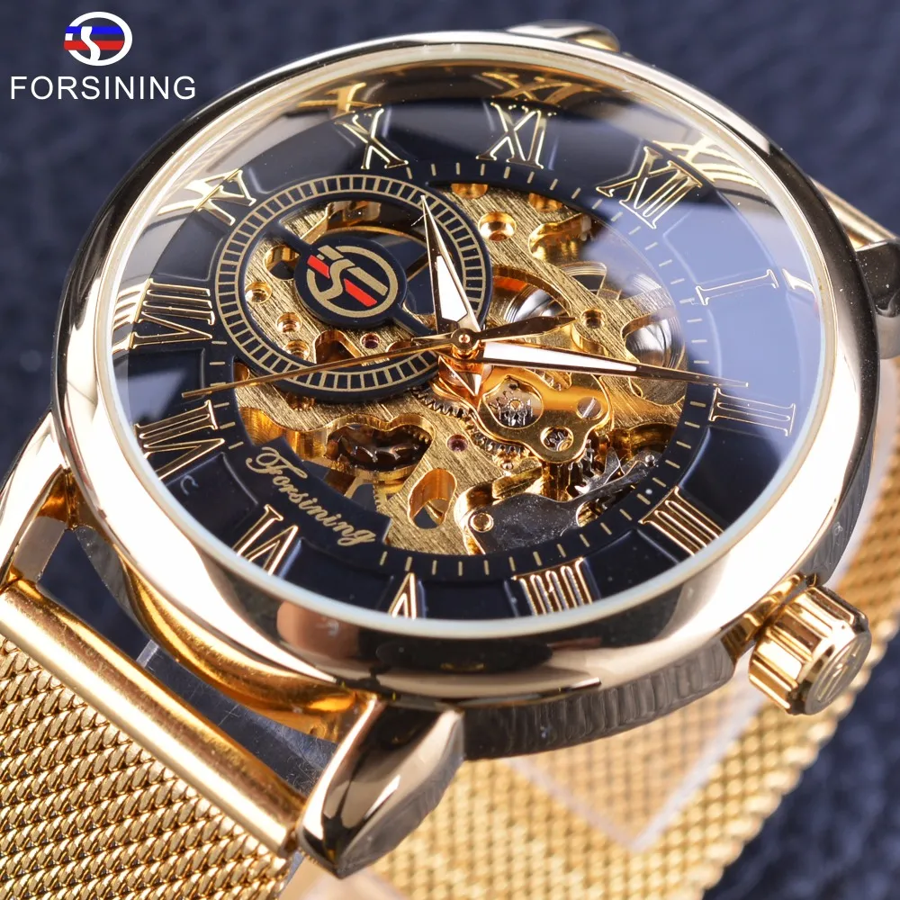 Forsining Transparent Case 2017 Fashion 3D Engraving Golden Stainless Steel Men Mechanical Watch Top Skeleton Shipping