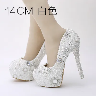 Fashion Luxurious Pearls Crystals White Wedding Shoes Size High Heels Bridal Shoes Party Prom Women Shoes 292n