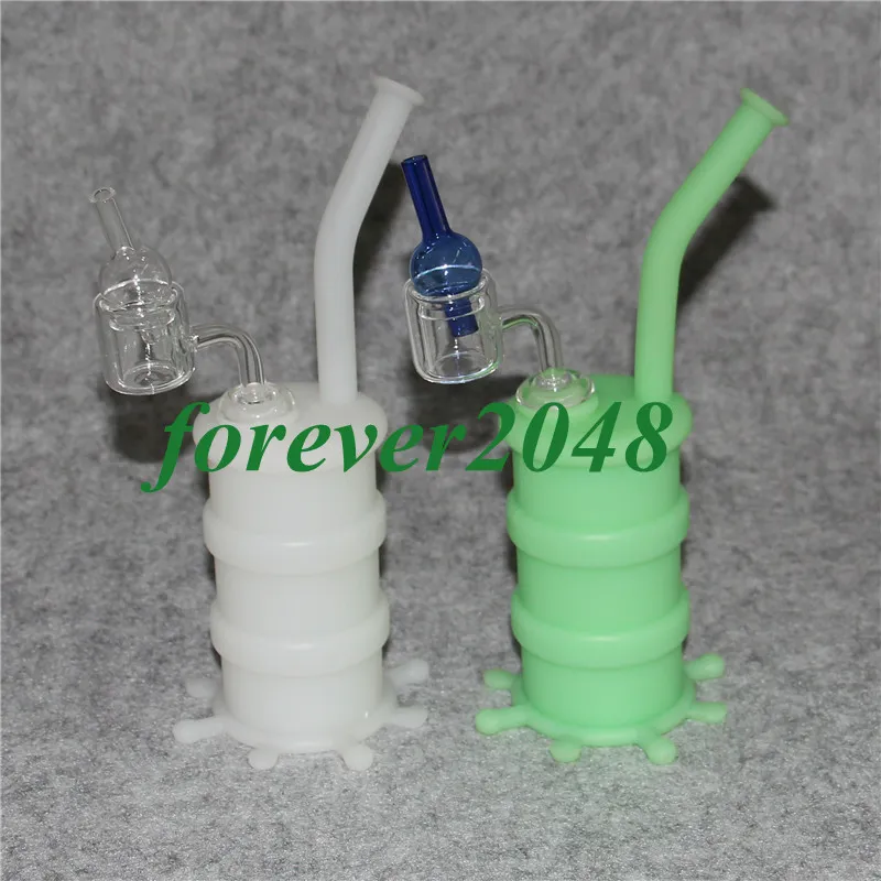 Mini silicone dab rig hookah Glow In Dark glass water pipe bongs silicon barrel rigs with quartz banger and glas carp cap