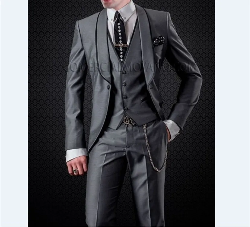 Szary 3-częściowy garnitur Groom Smokingi Moda Oblubienica WeddGoom Suit Wysokiej Jakości Mężczyźni Prom Ślubny Dinner Blazer (Kurtka + Spodnie + Kamizelka + Kamizelka) 442