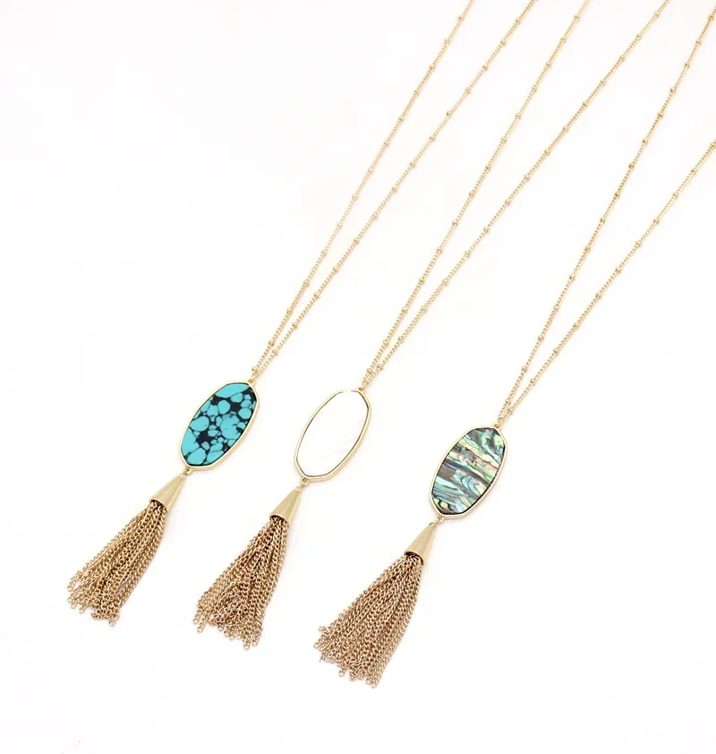 Fashion Gold Color Geometry Turquoise Shell Tassel Druzy Halsband för Kvinnor Märke Smycken