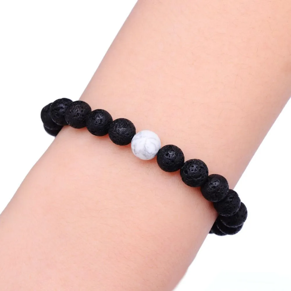 Lava Pulseiras De Pedra Frisado Tecelagem Preto Ágata Pedra Branca Pulseira de Pedra Natural Pulseira Para As Mulheres Moda Jóias Artesanato 8 MM de Contas