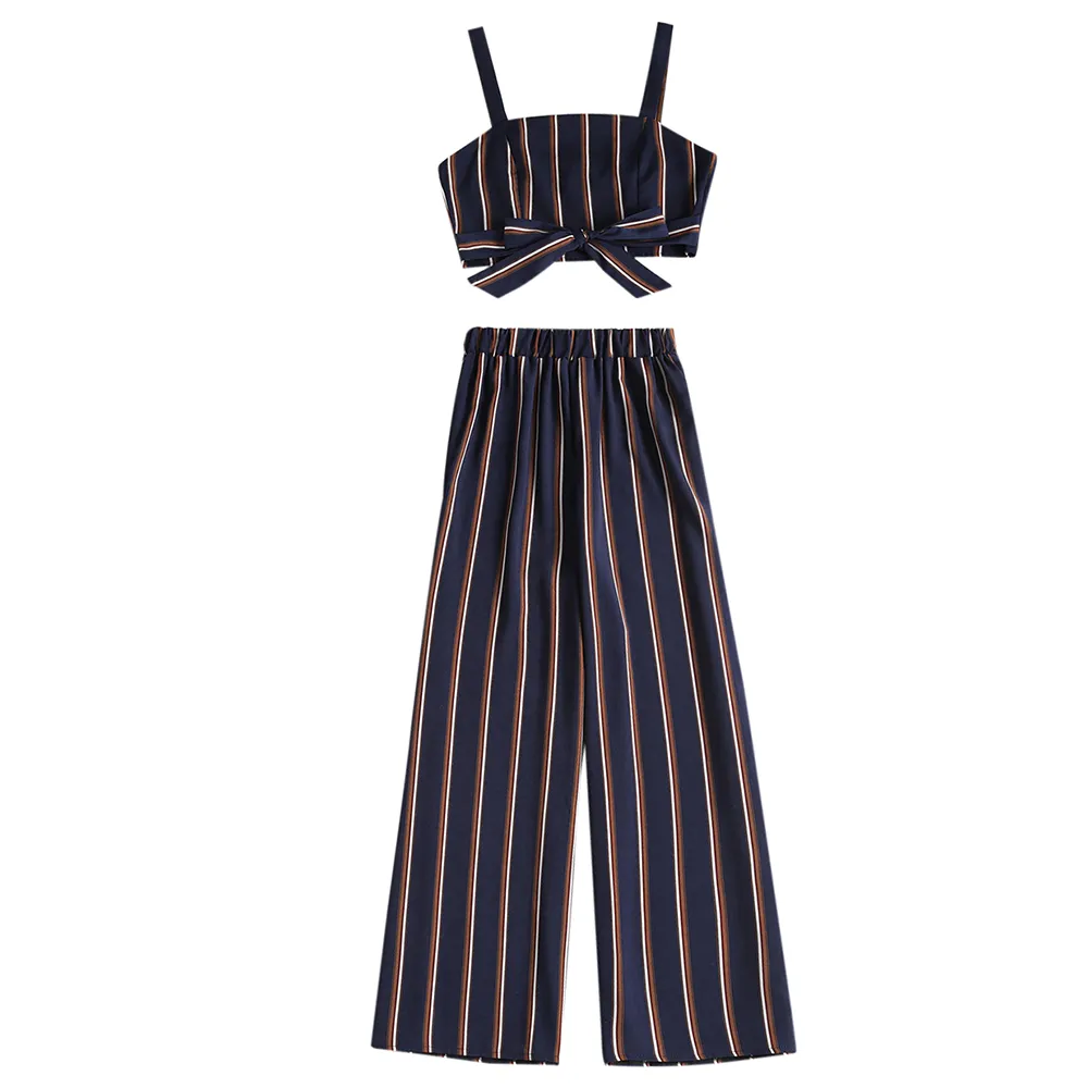 Zaful Striped Summerの女性セットスパゲッティストラップスクエアネックノースリーブ弓クロップトップ弾性ハイウエストルーズパンツTWPピース