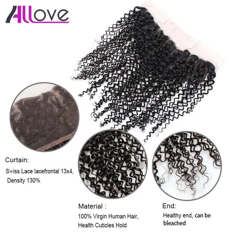 Allove Wholesale Brazilian Kinky Curly Wefts Extensions Human Hair Bundles 13x4 Lace Frontal Closure Weaves for Women All Ages Jet Black 8-28 inch