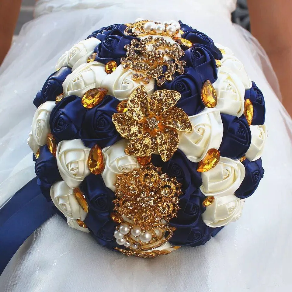 ゴージャスな結婚式のブライダル ブーケ アイボリー ゴールド光沢のある花人工ウェディング ブーケ新しいクリスタルの輝きの花嫁の花束