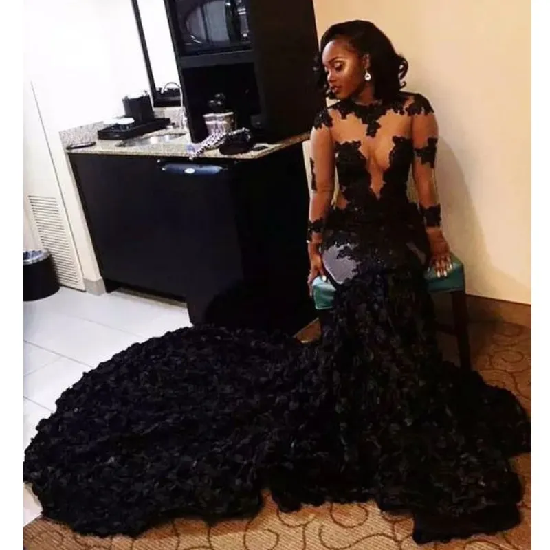 2K18 Black Girl Mermaid Prom Dresses Plus Size Wysokiej szyi Długie Rękawy Appliqued Suknia Wieczorowa Atrakcyjne 3d Rose Floral Party Dresses