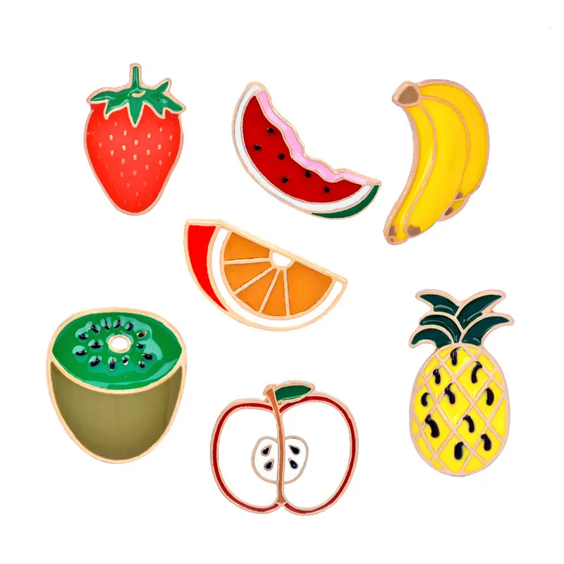 2018 broches de frutas de esmalte colorido para mulheres, maçã, banana, abacaxi, morango, melancia, desenhos animados, distintivo para crianças, joias da moda