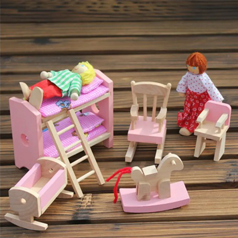 Wooden Doll Bathroom Furniture Bunk Bed House Miniature Children Dolls Doll House Accessories for Kids Play toy