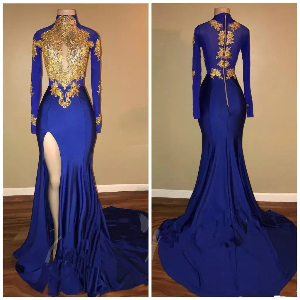 Arapça Altın Aplikler Yüksek Boyun Mavi Gelinlik Modelleri 2 K Mermaid Uzun Kollu Seksi Yüksek Bölünmüş Siyah Kızlar Abiye giyim Ünlü Elbise