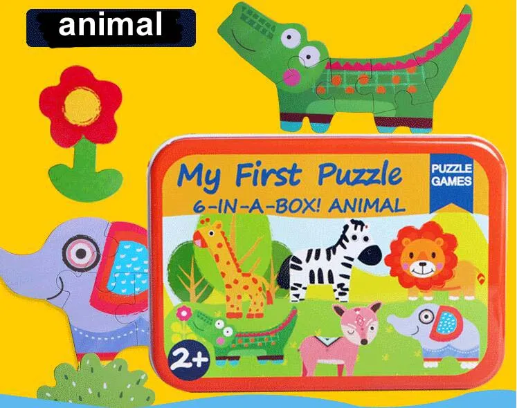 Nieuwe Baby Speelgoed 6 in 1 Puzzels Set Iron Box Totaal 6 Puzzels Houten Speelgoed Cartoon Dier / Voertuig Houten Speelgoed Kind Educatief Gift