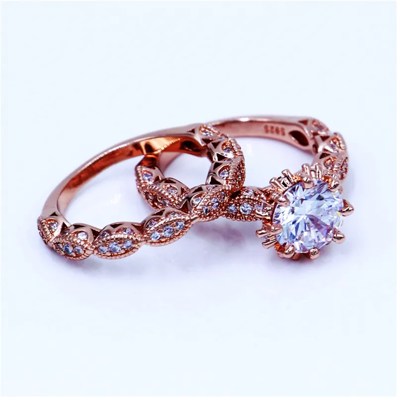 Vecalon Vintage Smycken Kvinnor Ring Set 3CT Diamonique CZ Rose Gold Fylld 925 Silver Anniversary Wedding Ring för Kvinnor Män