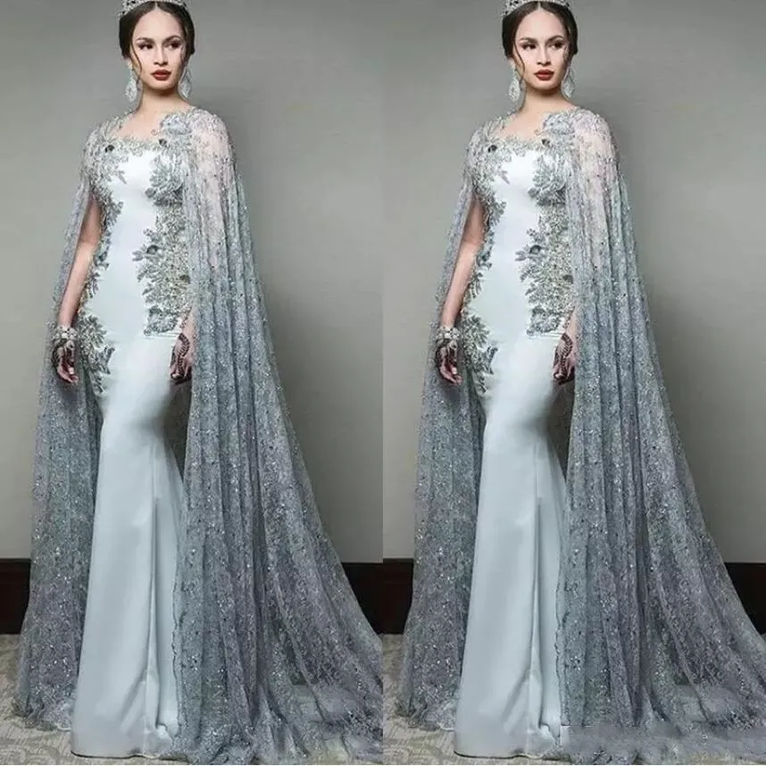 Mermaid Prom Dresses With Cape Sleeve Jewel Two Pieces Formal Evening Wear Sequined Sweep Train Celebrity Party Dress