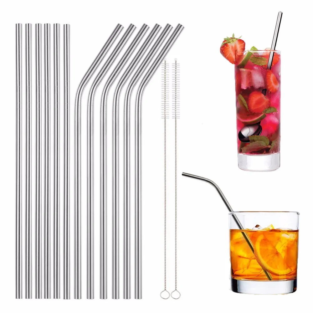 Herbruikbare roestvrijstalen metaal drinken stro gebogen en rechte type en schonere borstel voor thuis party bar accessoires