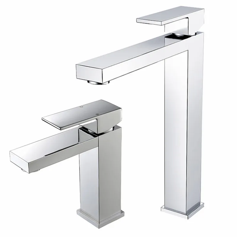 Chrome Basin Faucet Short Deck Mounted Single Lever Basin Mixer Tap Tall Square Solid Brass Construction