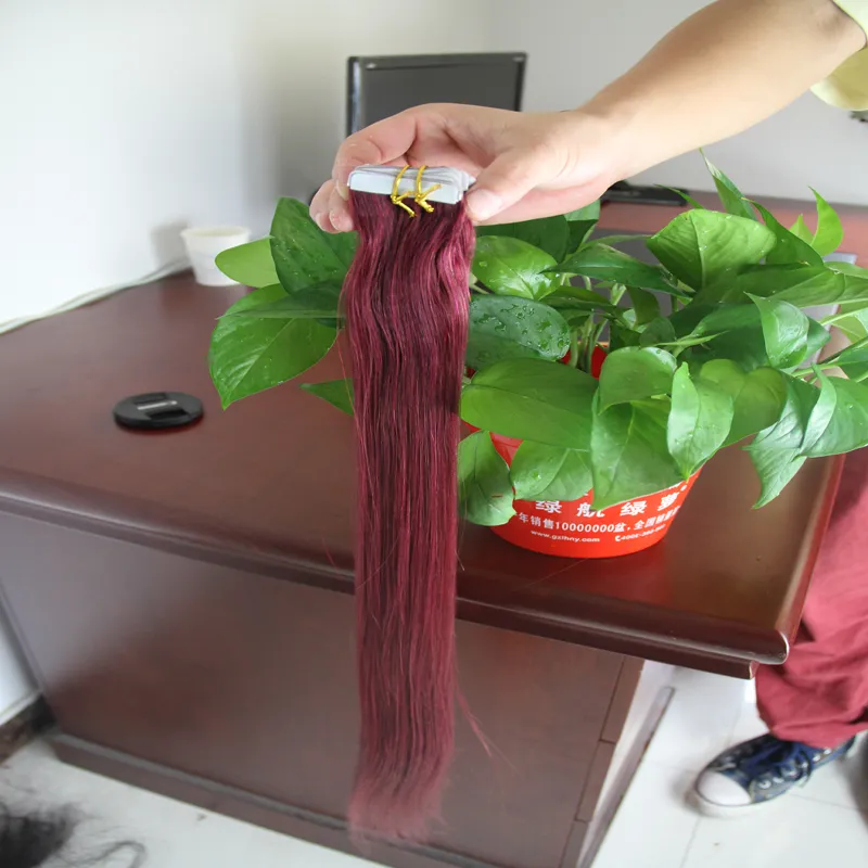 Fita em extensões de cabelo humano 99J vinho tinto 100g 10 a 26 polegadas máquina feita cabelo remy em fita adesiva PU trama de pele invisib1467811