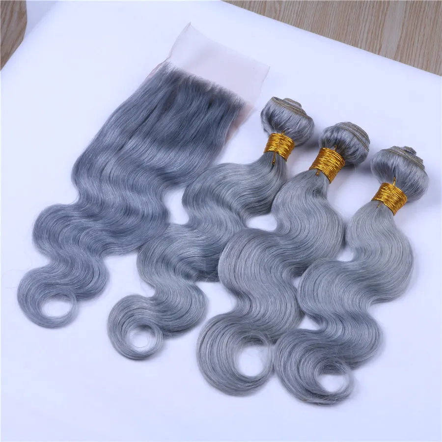 Ruma Hair Sliver Grey Pure Color Peruaans maagdelijk haar 3 bundels met vetersluiting Body Wave Goedkoop haar met 44 vetersluiting8411886