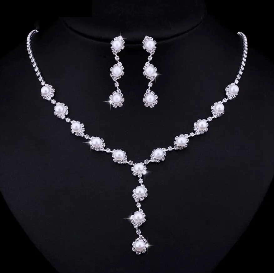 Conjuntos de jóias de casamento de Tom de prata brilhante com cristais de strass e marfim pérolas brincos de colar de noiva conjunto