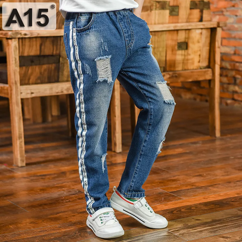 A15 Ripped Jeans For Kids Boys Pants Fashion Wear Striped Blue Cowboy