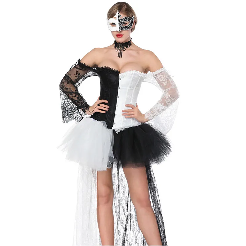 Preto branco manga comprida espartilho steampunk traje burlesque vestido gótico vestuário espartilhos e corpetes sexy korsor mulheres