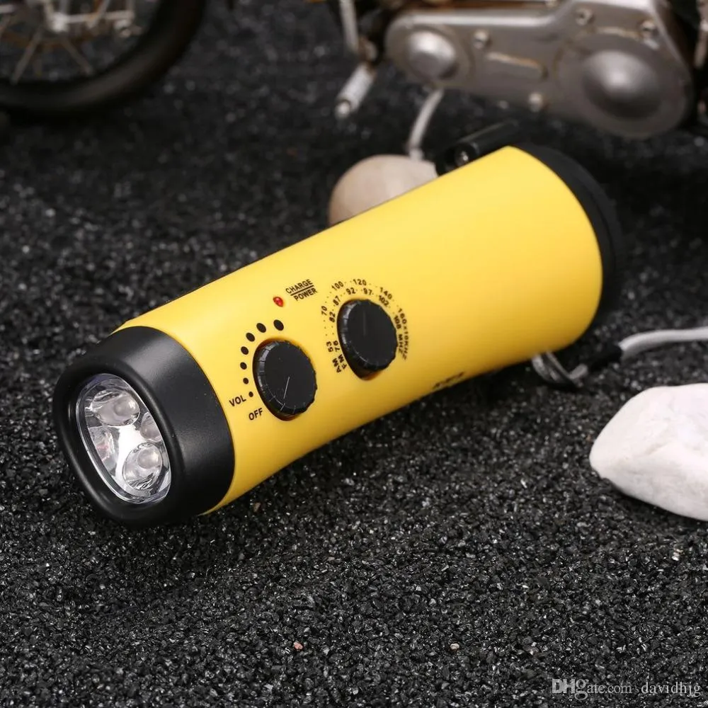 Muiti-Funcional Dynamo Flashlight AM / FM Radio Sirena de emergencia con 5 LED Super Bright Support USB 5V Carga de envío
