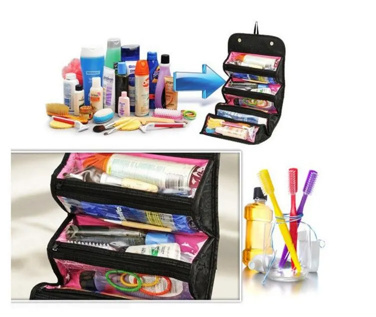 ROLL-N-GO Astuccio cosmetici Astuccio cosmetici Borsa trucco da donna Articoli da toeletta appesi Kit da viaggio Organizzatore di gioielli Custodia cosmetici pieghevole