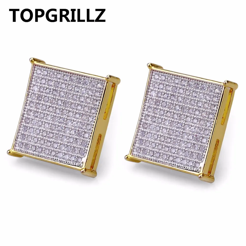 TOPGRILLZ Hip Hop Men's Bling Jewelry Earring Gold Color Iced Out Micro Pave Cubic Zircon Lab D Stud Earrings With Screw Back244k