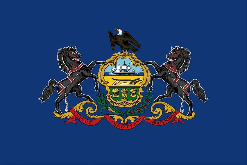 Hochwertige Pennsylvania-USA-Flagge, 91 x 152 cm, individuelle Polyester-US-Staatsflaggen, Banner, Digitaldruck, mit 2 Nickel-Ösen