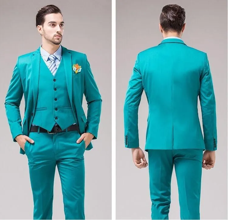 Turquoise Driedelige Bruidegom Tuxedos One Button Center Vent Man Trouwpak Mannen Business Diner Prom Blazer (jas + broek + stropdas + vest) 400