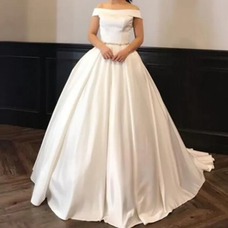 2018 baljurk gewaad de mariage elegant off schouder satijn kralen sjerpen trouwjurk luxe sweep trein prinses bruidsjurken