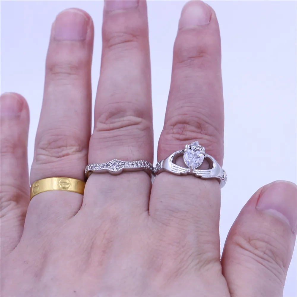 Couple claddagh ring Diamonique Jewelry Wedding band rings set for women heart 5A Cz White Gold Filled Female Party Ring