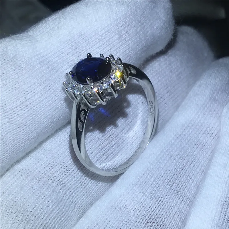 Royal Sieraden Prinses Diana 100% Real 925 Sterling Zilveren Ring Blauw 5A Zirkoon CZ Engagement Wedding Band Ringen voor Dames Bruids