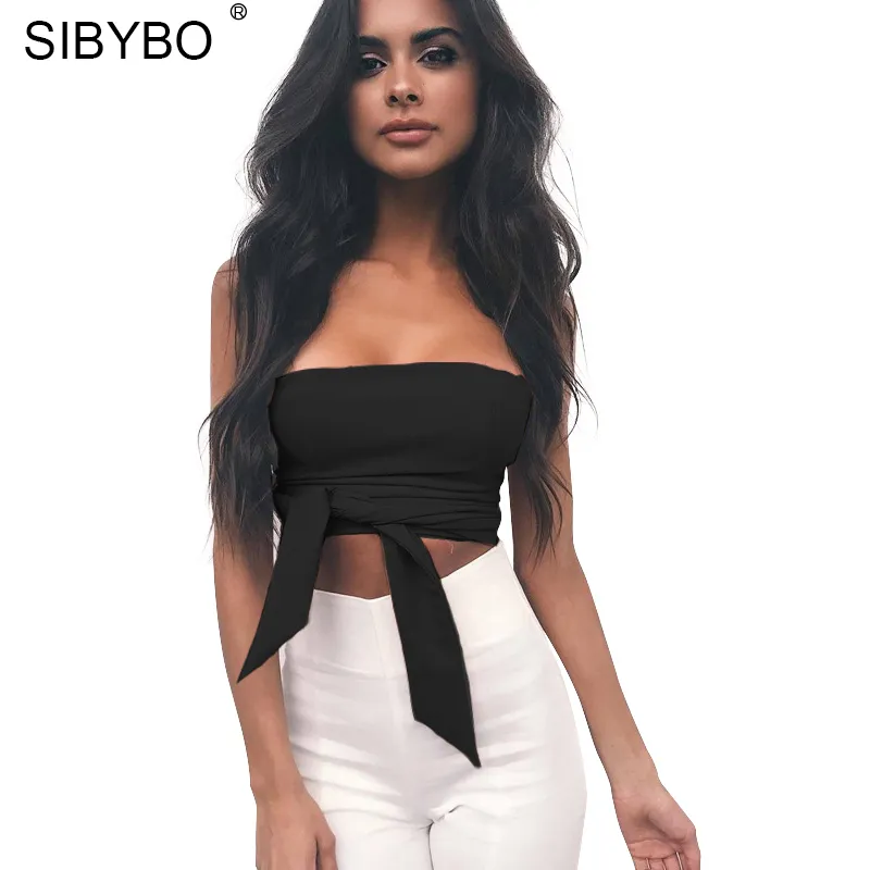Sibybo Bow Shirt Camisole女性トップ2018セクシーオフショルダーニューファッションパーティースリムバックレス女性クロップトップスBlusa S920