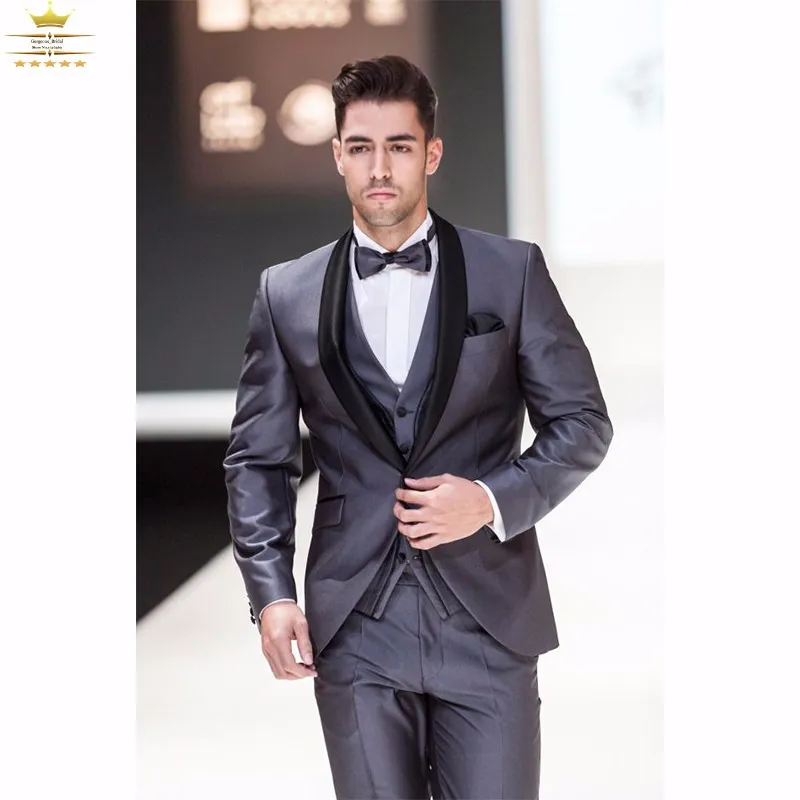 Alta Qualidade Groomsmen Xaile Lapela Noivo Smoking Cinza Ternos Dos Homens de Casamento / Baile / Jantar Melhor Homem Blazer (Jacket + Pants + Tie + Vest) K825