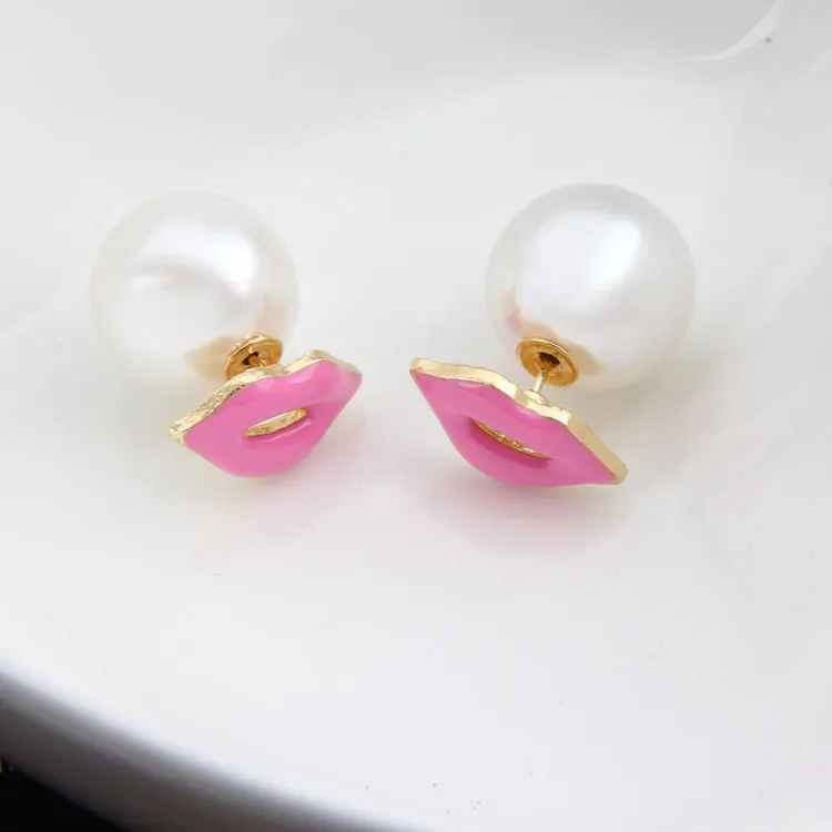 Gran oferta, pendientes creativos de pendientes de perlas de doble cara, pendientes de perlas sexis a la moda para mujer con labios rojos