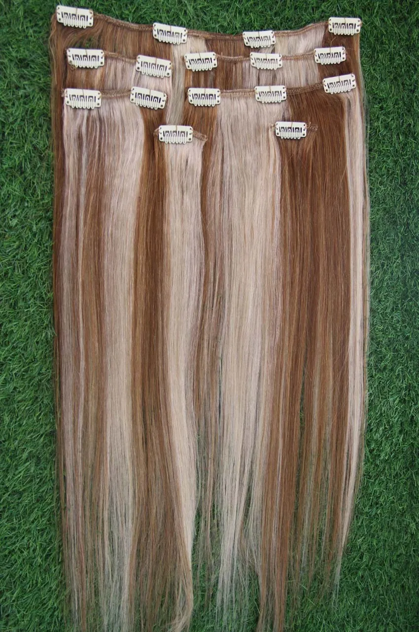 カラー8/613人間の髪の伸びの中のブラジルのバージンヘアストレートクリップ7ピースの2倍の強い緯糸100gの厚い厚いクリップ