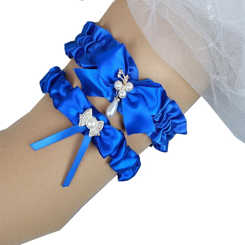 Burgundy Bridal Leg Garters Prom 가터 훈장 신부 웨딩 가터 벨트 2 개 세트 새틴 리본 보우 크리스탈 진주 무료 사이즈 17-21 inches