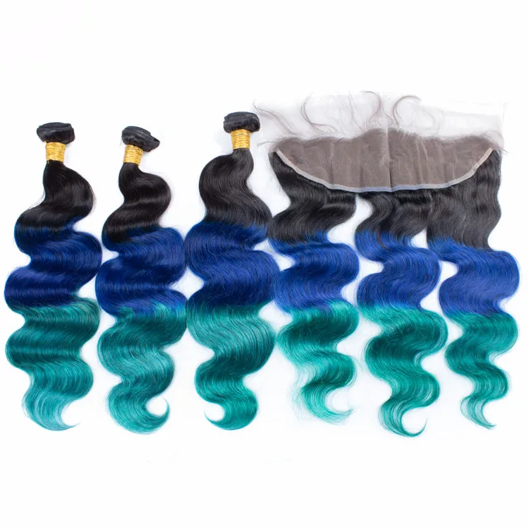 Brazilian Three Tone Human Hair Weave Bundles with Frontal Body Wave 1B/Blue/Green Ombre Hair Weaves with Full Lace Frontal Closure 13x4