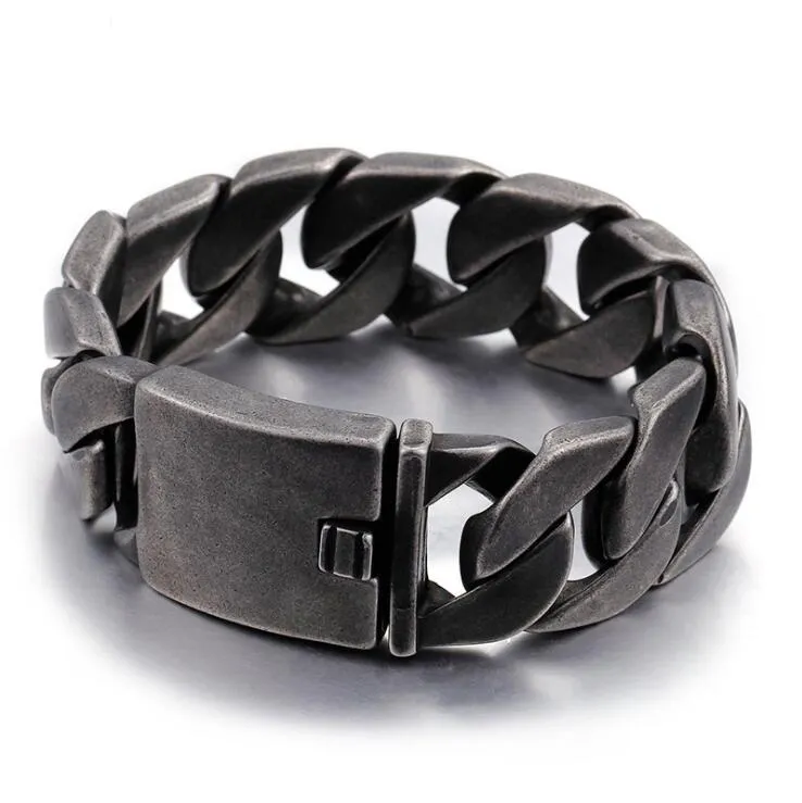 Heavy Punk Black 316L Stainless Steel Curb Cuban Chain Bracelet Vintage Mens Boys Brush Bike Biker Link Bracelets bangle Jewelry 17mm 20mm 25mm Wide