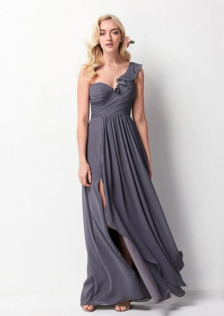 2018 Spring Flowy Gray Bridesmaid Dresses One Shoulder Pleated Chiffon Split Side Floor Length Backless Wedding Party Dresses