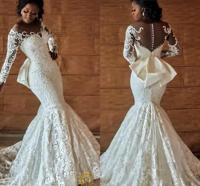 Nigerian African Full Lace Wedding Dresses With Back Bow Beading Long Sleeves 2019 Ivory Mermaid Engagement Wedding Bridal Gowns