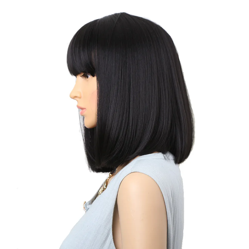 14 inch natuurlijke rechte zwarte synthetische pruiken met pony voor vrouwen Medium lengte Haar Bob Pruik Hittebestendige Bobo Hairstyle Cosplay Pruiken