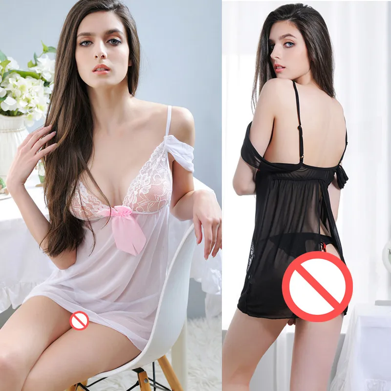 Sexig Babydoll Underkläder Erotiska Kvinnor Svart Lace Sexig Kostym SleepWear Dress Transparent Hollow-out Chemise Underkläder Öppna Crotch Underkläder