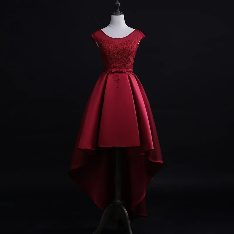 Image réelle rouge foncé 2018 robe de bal court devant long dos bijou dentelle appliques haute basse fête robe de graduation de retour 16 ans