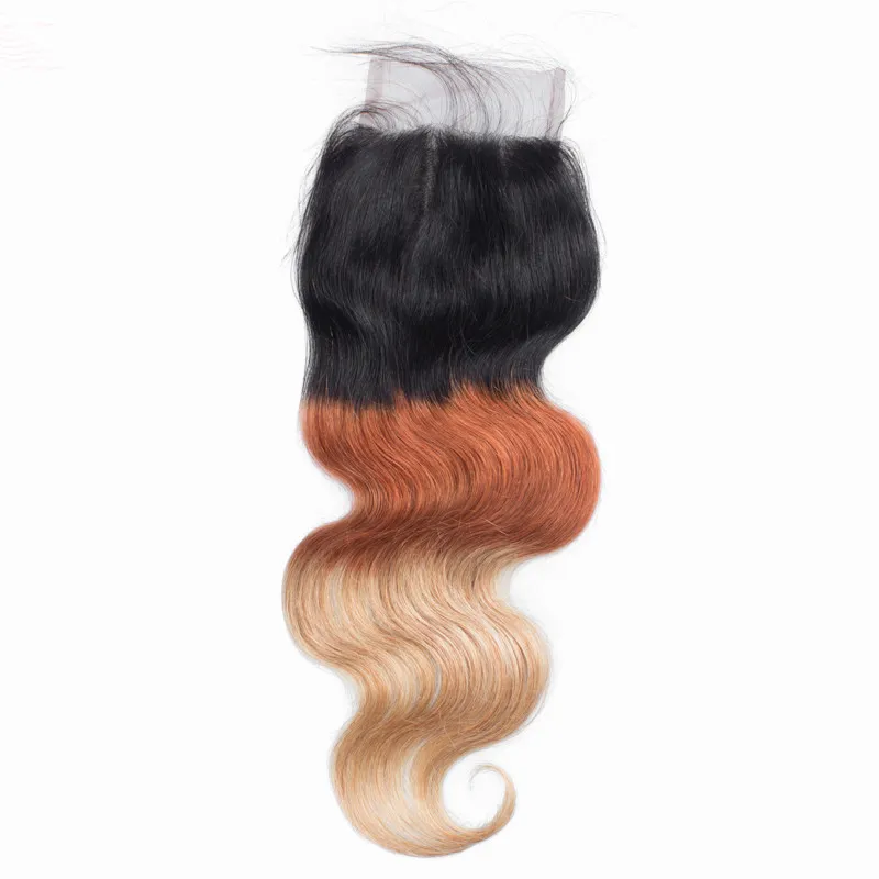 # 1b / 33/7 honing blonde ombre 4x4 kant sluiting met weefsels extensies drie tonen gekleurde maagdelijke Peruaanse body wave menselijke haarbundels