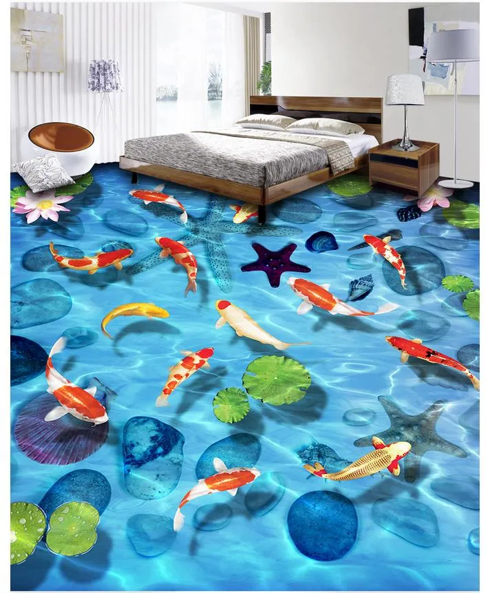 Custom 3D flooring wallpaper pvc wear non-slip waterproof self-adhesive mural Lotus Carp Stone Shell 3D Floor Tile