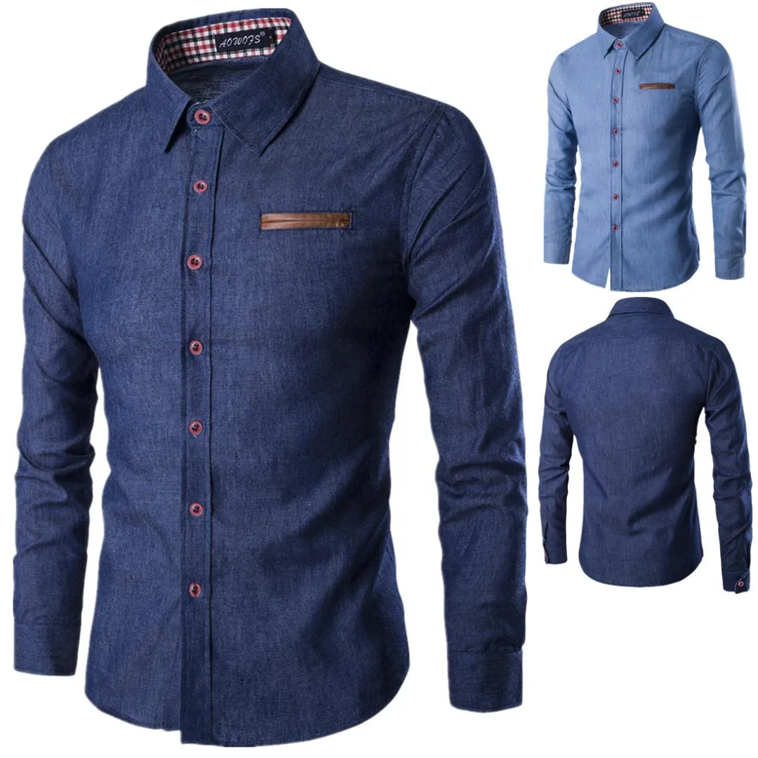 Shirt Men Pocket Leather Cotton Long-sleeved Fashion Men Jeans Slim Fit Casual Denim Long Sleeve Solid