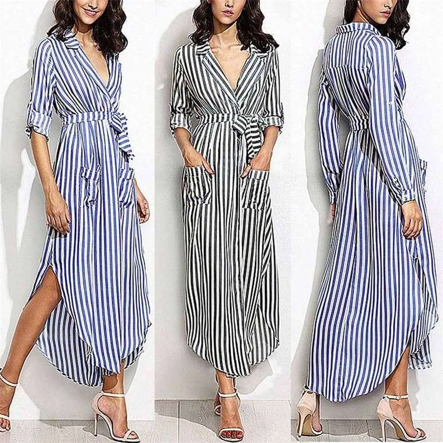 Camisa a rayas Vestido Mujer Casual Manga larga Oficina Damas de cintura alta Cuello doblado Vestidos largos para mujer vestir bata SW