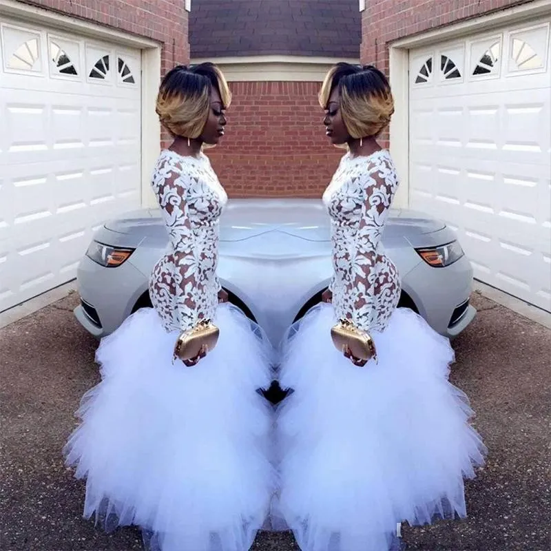 Black Girl Prom Dresses Long Sleeve White Lace Formal Evening Gown Mermaid 2019 Sheer Neck Sexy Women Party Gowns 2K18 See Through