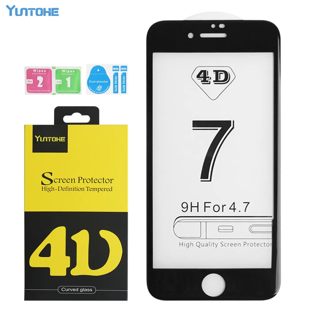 Para iphone x 7 6 6 s 4d curvo protetor de tela de vidro temperado borda 4d cobertura completa para iphone 8 7 6 s 6 mais filme de tela 0.26mm 9 h com caixa