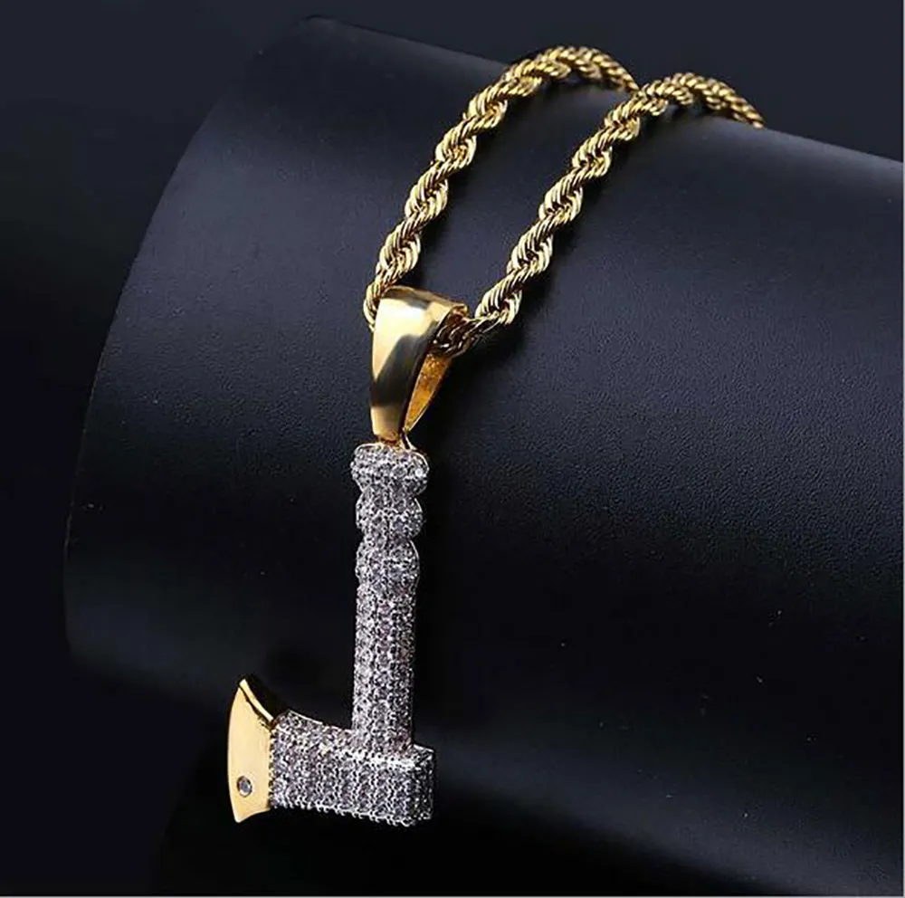 Retro CZ Gold Axe Pendant Bling Bling CZ Micro Pave 18k Yellow Gold Plated Necklace Cubic Zirconia Pendant Hip Hop Jewelry